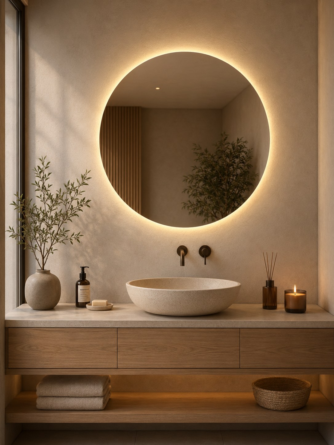 Espejo circular con luz LED cálida en baño