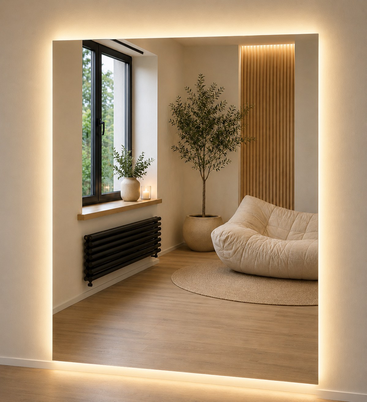 Espejo rectangular con luz LED cálida en habitación