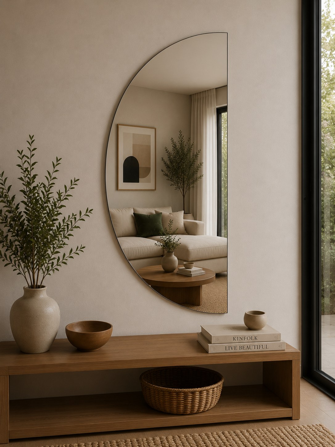 Espejo semi circular sin marco en living