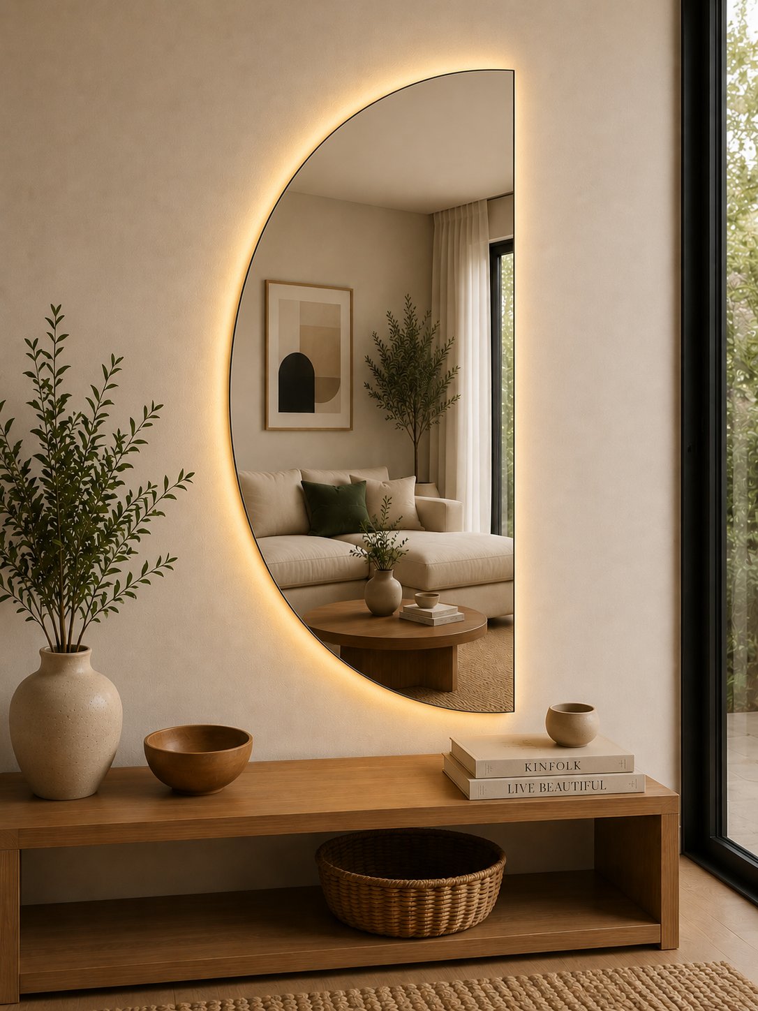 Espejo con luz LED cálida sin marco en ambiente interior elegante