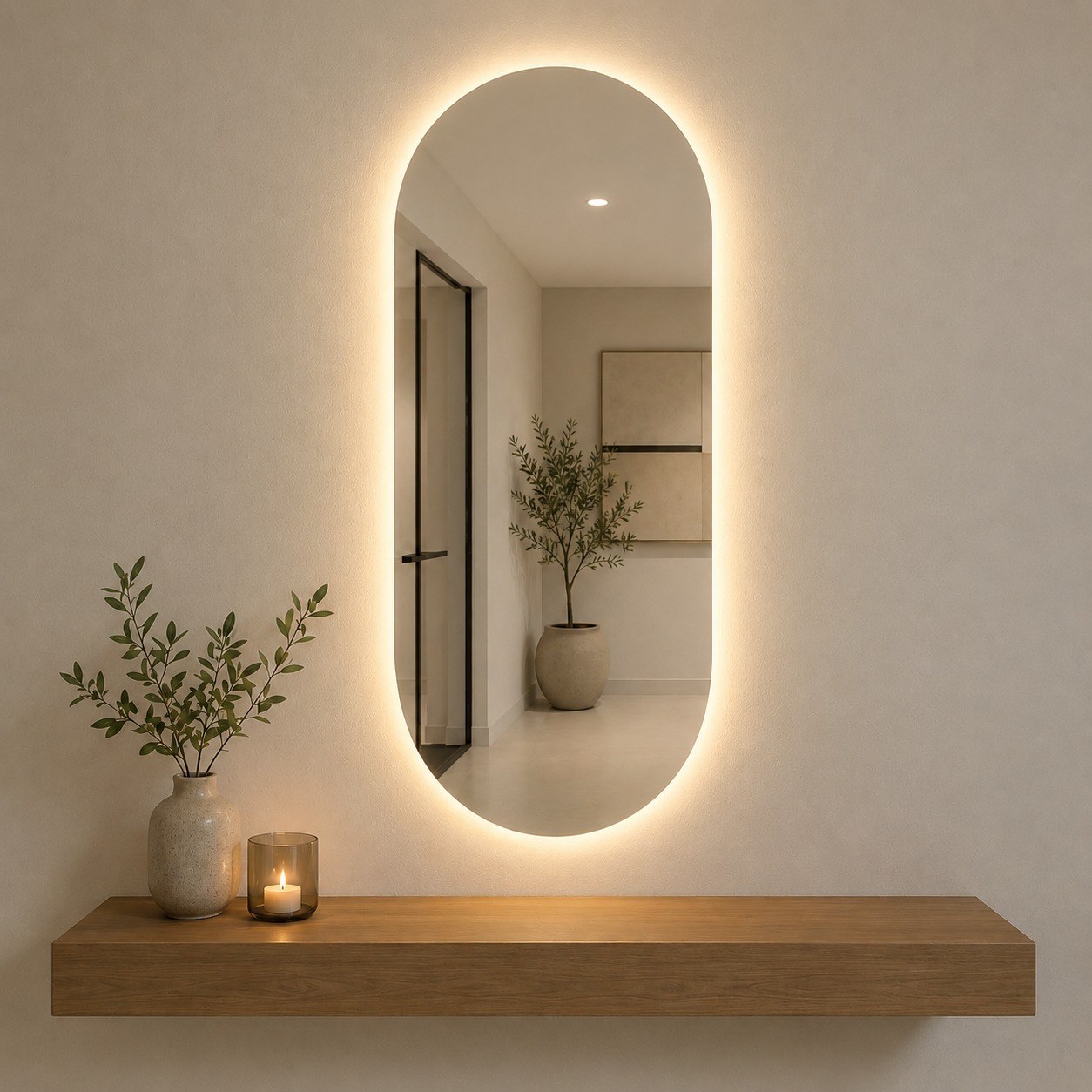 Espejo semi circular con luz LED cálida